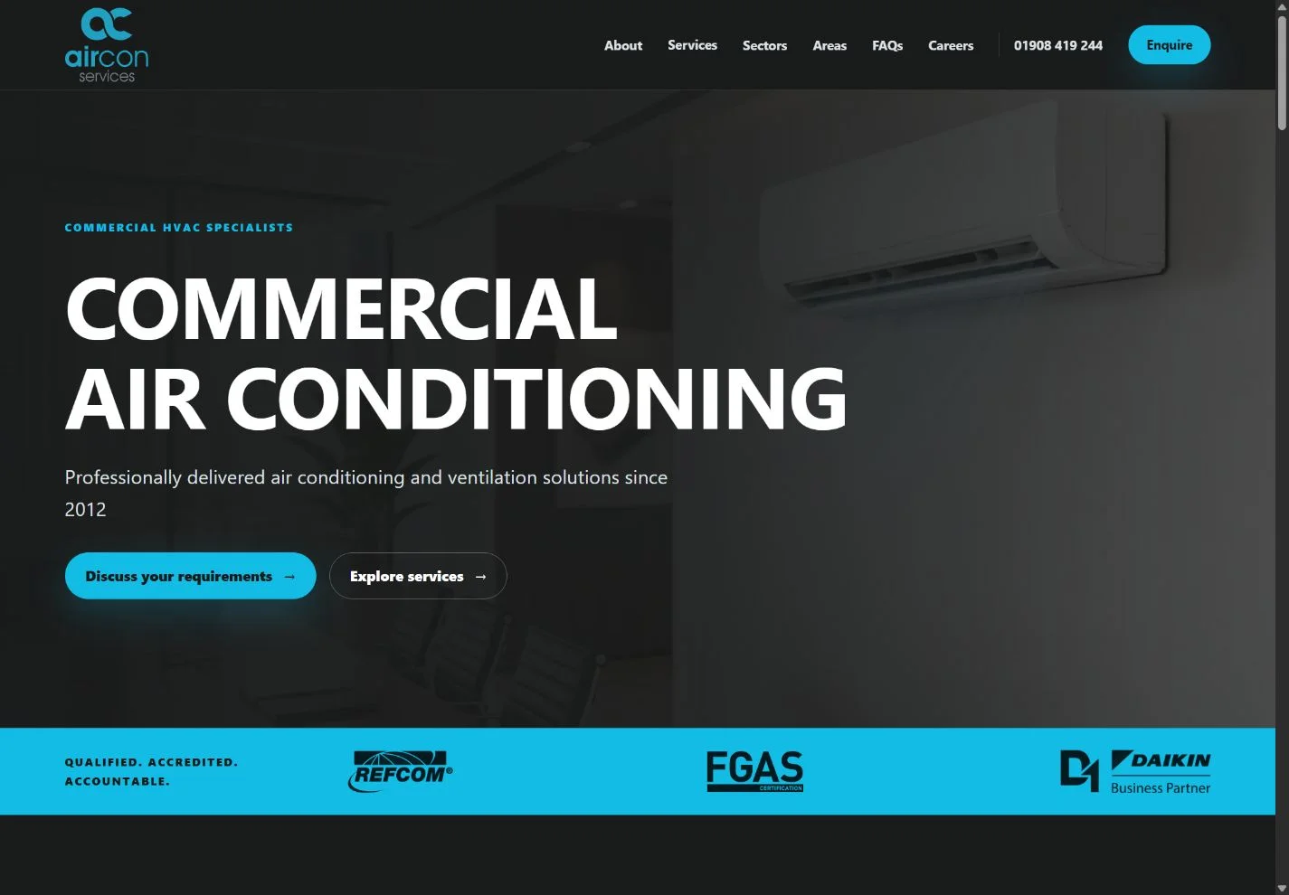 Air Con Services website showing its commercial air conditioning services and enquiry link.