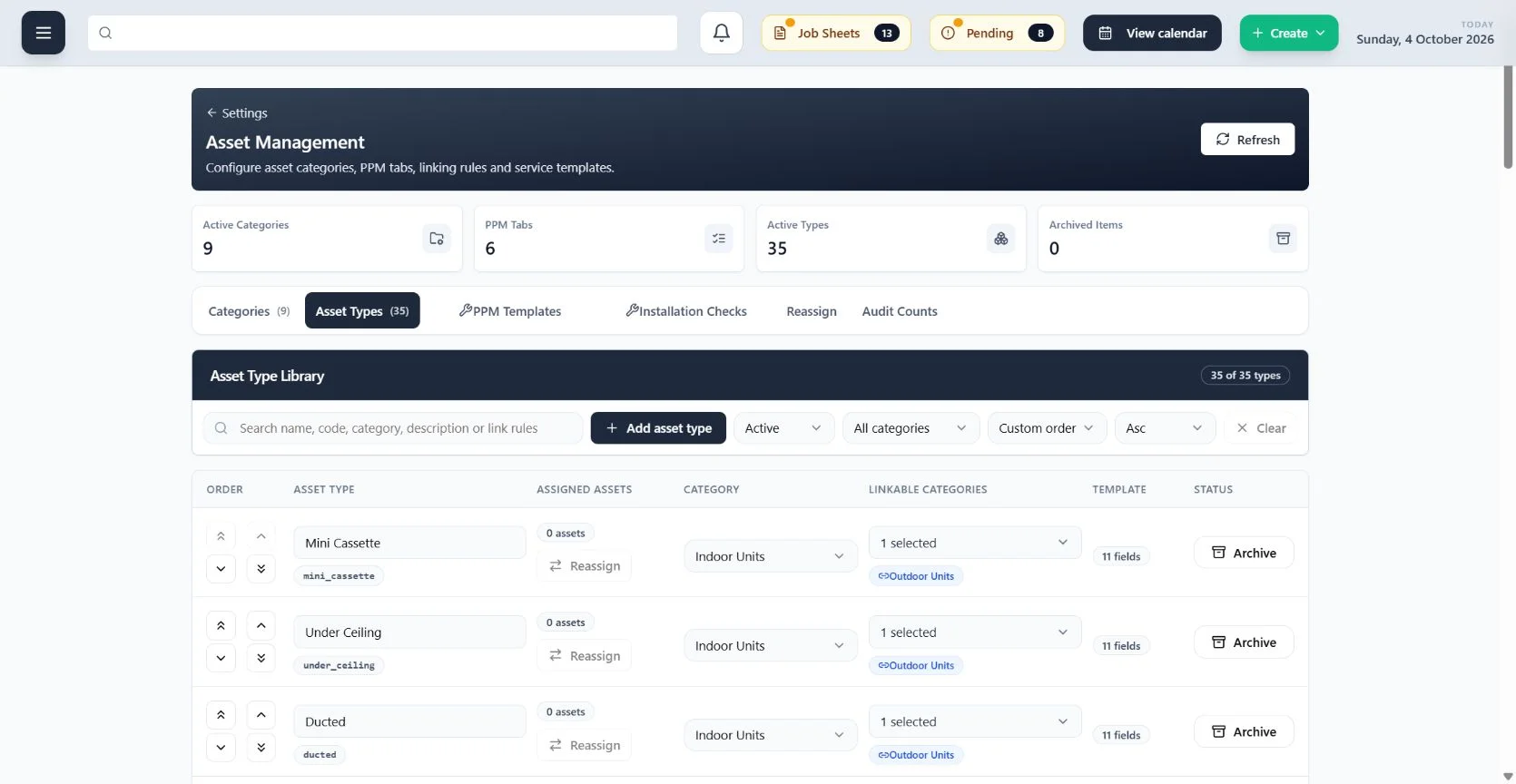 ClimaticFlow: Configurable equipment types with assigned categories, linking rules and service template fields.