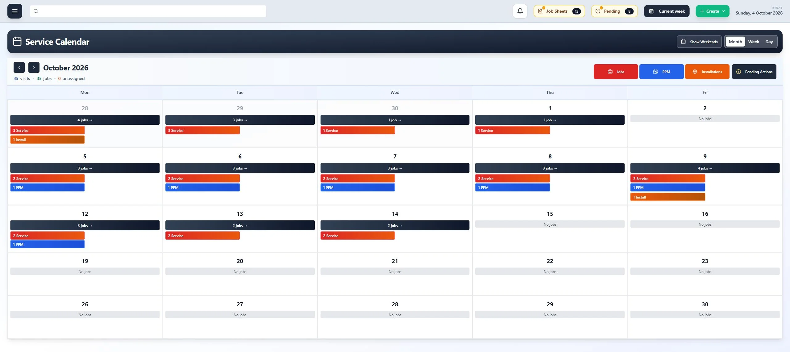 ClimaticFlow: October calendar showing daily totals for reactive jobs, planned maintenance and installations.