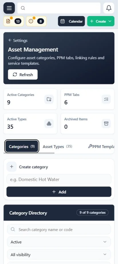 ClimaticFlow: Phone asset management settings showing equipment categories and configuration controls.