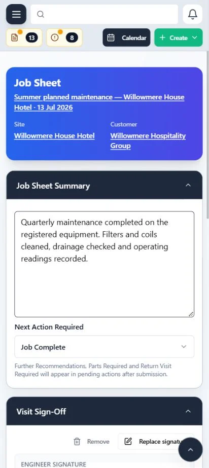 ClimaticFlow: Mobile job sheet with the maintenance summary, Job Complete next action and sign-off controls.
