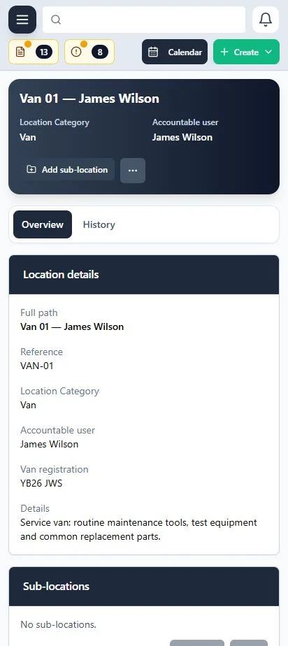 ClimaticFlow: Phone vehicle record showing James Wilson's van, its registration, accountable engineer and storage details.