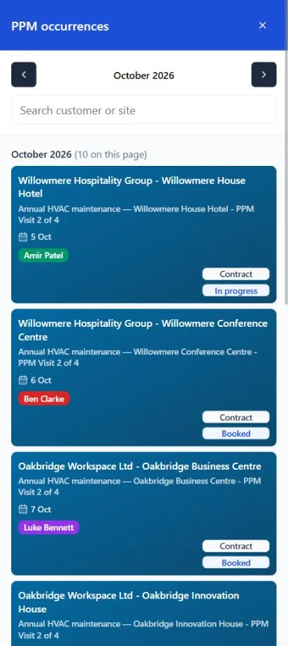 ClimaticFlow: Phone scheduling drawer showing October PPM occurrences and booking status.