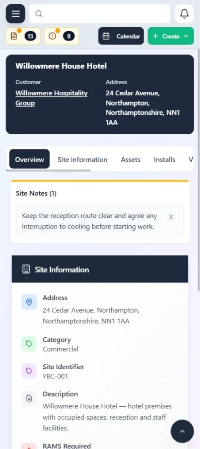 ClimaticFlow: Phone site record showing customer context and site information.
