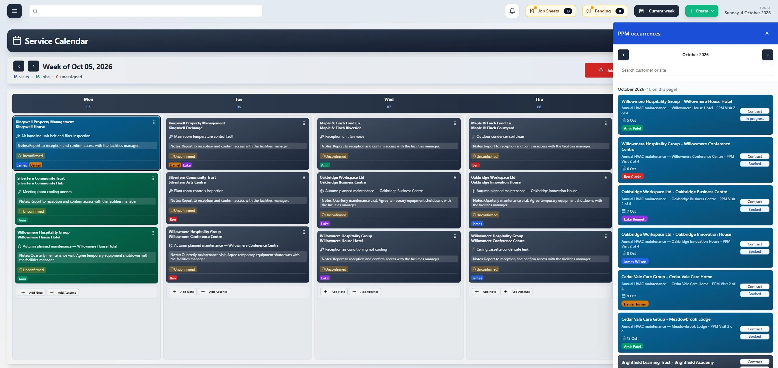 ClimaticFlow: Calendar with its PPM scheduling drawer showing booked and unbooked maintenance occurrences.