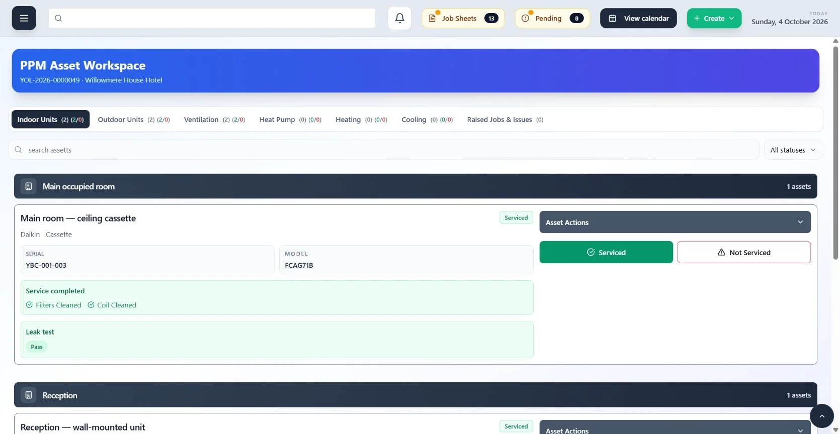 ClimaticFlow: PPM asset workspace showing completed cleaning checks, leak test and heating and cooling readings.