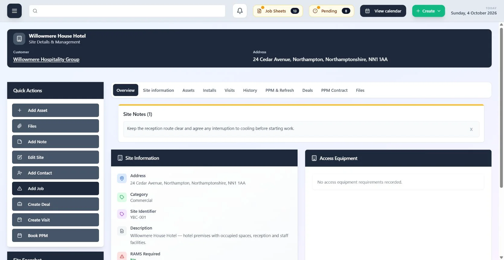 ClimaticFlow: Willowmere House Hotel’s customer, access notes, site details and links to assets and work.